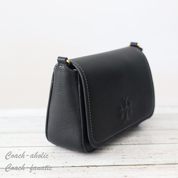 NWT Tory Burch Thea Web Flap Pebbled Leather Crossbody in Black - Picture 10 of 16